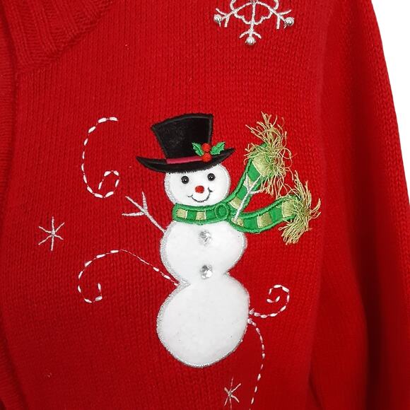 Vintage 90s Ugly Christmas Sweater Red Full Zip Cardigan Snowman Women M Grandma - Picture 7 of 12
